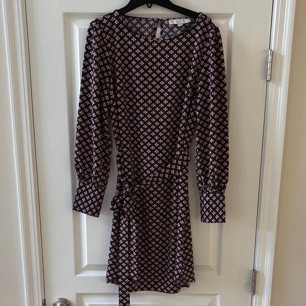 LOFT Long Sleeve Dress with Navy and Pink Pattern